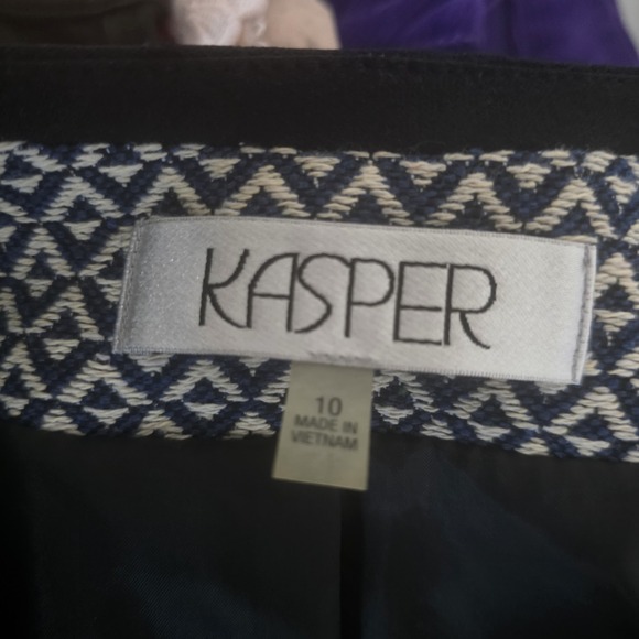 Kasper Blazer Size 10 Blue White Geometric Open Front Career Jacket 3/4 Sleeve - Picture 7 of 9